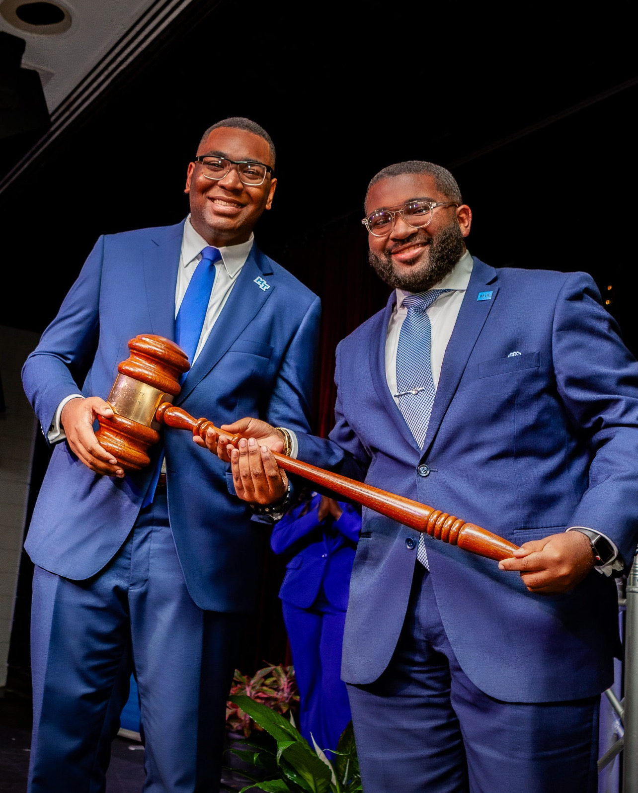 RJ Ware, Middle Tennessee State University's Student Government Association President, poses for a photo with outgoing student body president Michai Mosby. (Photo by MTSU)