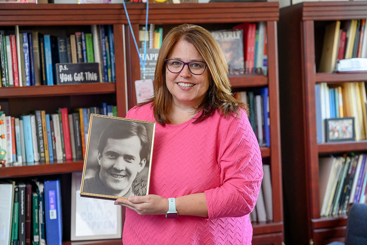 Jennifer Snodgrass, the new director of Middle Tennessee State University’s School of Music, holds the autographed photo that current music professor H. Stephen Smith gave her when she was a child and they both had roles in the opera “Carmen.” Snodgrass now keeps the framed photo in her on-campus office. (MTSU photo by J. Intintoli)