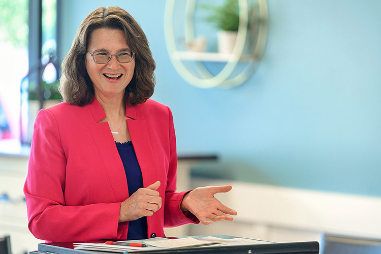 June S. Anderson Foundation member Ginger Rowell, math professor at Middle Tennessee State University in Murfreesboro, Tenn., speaks during a luncheon held Aug. 15, 2025, to present this year’s winners of the June S. Anderson Scholarship. (MTSU photo by Andy Heidt)