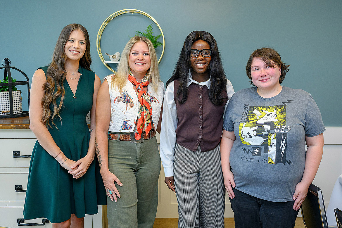 Winners of scholarships from the private June S. Anderson Foundation are, from left, Courtney Potts of Columbia, Tenn.; Sydnee Sommers of Nashville, Tenn.; Esther Benyi of La Vergne, Tenn.; and Jacqueline Kannady of Clarksville, Tenn. The foundation annually awards full-tuition scholarships to students at Middle Tennessee State University in Murfreesboro, Tenn., age 25 and older who are preparing for careers in fields that are nontraditional for women. (MTSU photo by Andy Heidt)
