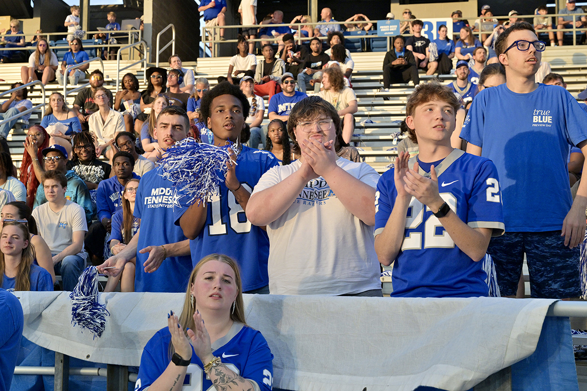 Middle Tennessee State University students cheer from the stands during the Blue Raiders Homecoming Game against visiting Marshall University’s Thundering Herd in Floyd Stadium in Murfreesboro, Tenn., on Saturday, Sept. 20. (MTSU photo by J. Intintoli)