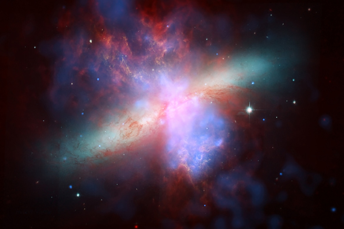 A combined image from three of NASA’s Great Observatories that Middle Tennessee State University Physics and Astronomy lecturer Erik Monson will utilize in his 6:30 p.m. Friday, Oct. 3, Star Party presentation in Wiser-Patten Science Hall Room 102 on campus in Murfreesboro, Tenn., will be Messier 82. It is a galaxy imaged in X-ray, infrared and optical light showing different phases of matter detected by different observatories: hot gas (blue), warm gas (orange), cool gas and dust (red) and stars (green/yellow). (Image from NASA’s Great Observatories)