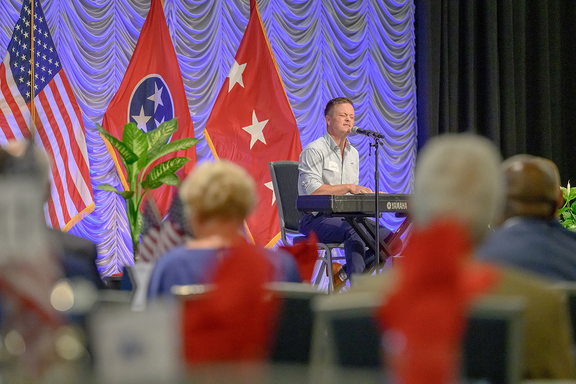 Middle Tennessee State University Recording Industry adjunct faculty member Jamie Teachenor performs a medley of tunes during the eighth annual Veteran Impact Celebration in the Student Union Ballroom on campus in Murfreesboro, Tenn., in mid-August. MTSU photo by J. Intintoli)