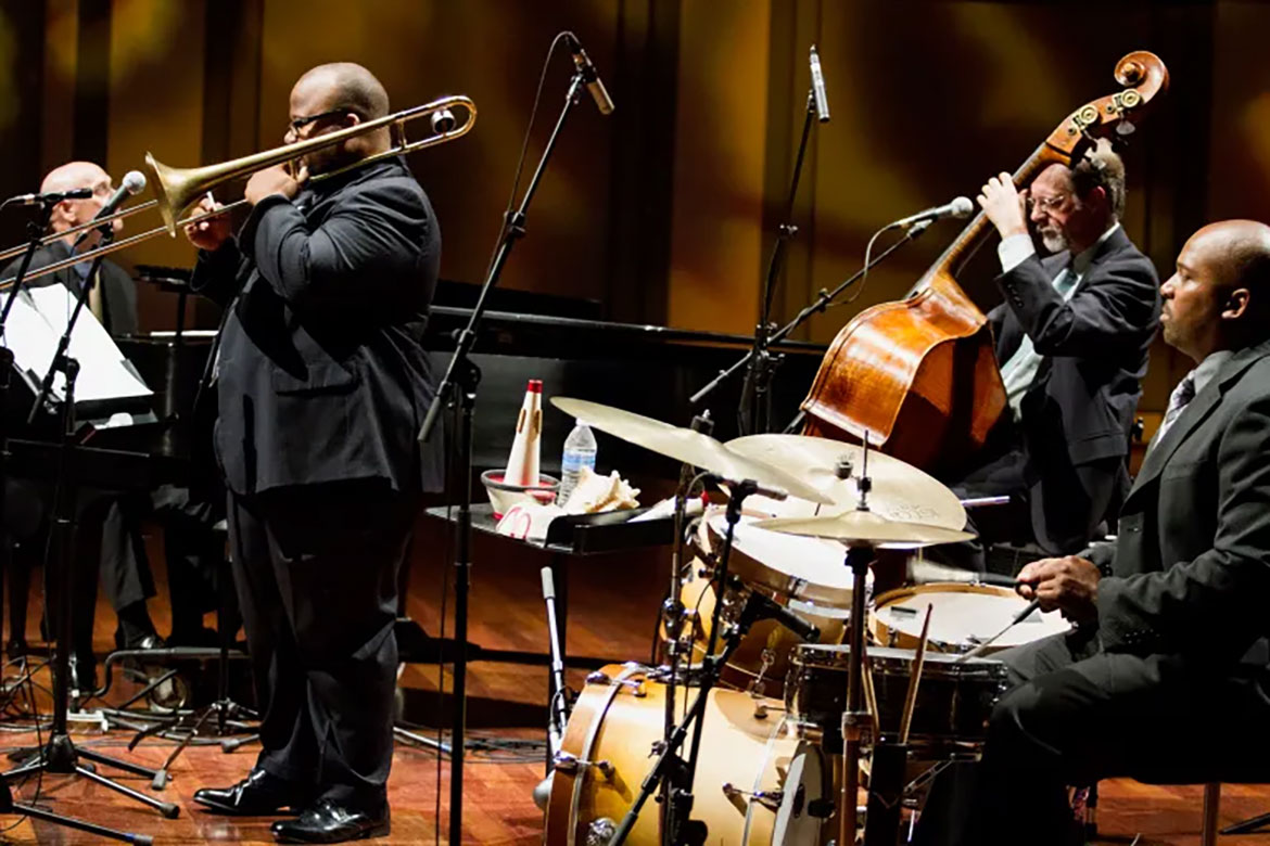 Shown here performing in this undated photo, Nashville, Tenn.-based trombonist Roland Barber, second from left, will perform with his jazz quartet, which includes MTSU Jazz Studies alum Josh Cook and jazz faculty Jack Aylor, at the first concert of the MTSU Jazz Art Series on Oct. 23 in the Hinton Music Hall of the Wright Music Building on Middle Tennessee State University’s campus in Murfreesboro, Tenn. (Submitted photo)