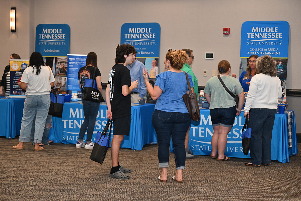 Attendees visit the various information tables as part of Middle Tennessee State University’s True Blue Tour student recruitment stop on Thursday, Sept. 18, at the Leslie Town Centre in Cookeville, Tenn. (MTSU photo by James Cessna)