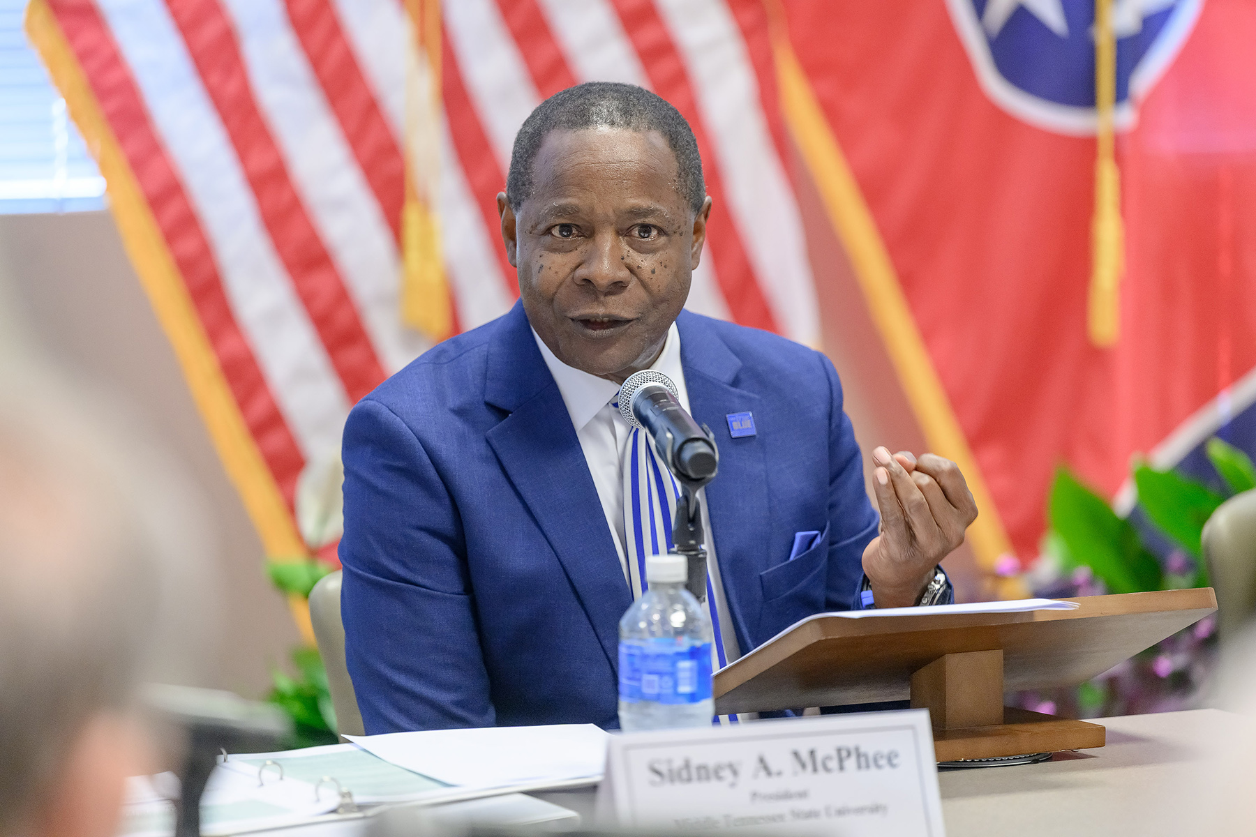 Sidney A. McPhee, president at Middle Tennessee State University, shares details of the university’s fall enrollment increase during the Board of Trustees fall quarterly meeting on Tuesday, Sept. 9, at the Miller Education Center in Murfreesboro, Tenn. (MTSU photo by J. Intintoli)