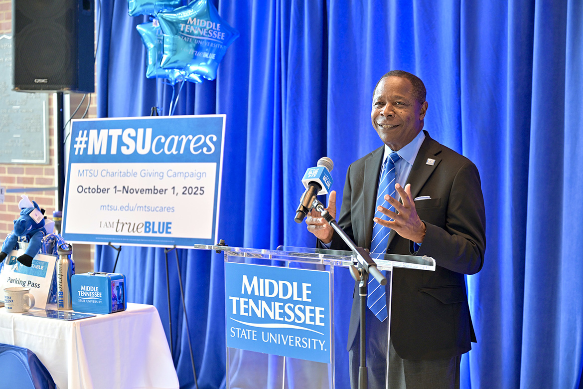 Middle Tennessee State University President Sidney A. McPhee urges faculty and staff to participate in the 2025-26 Employee Charitable Giving Campaign during the kickoff event on Wednesday, Sept. 24, in the Cope Administration Building atrium in Murfreesboro, Tenn. This year’s target for the monthlong campaign is a record-breaking $165,000 to support local nonprofits. (MTSU photo by J. Intintoli)