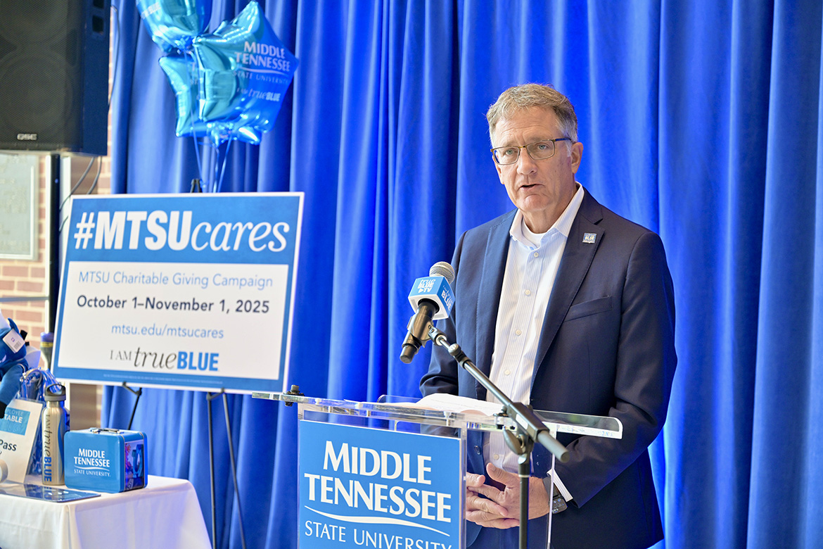 Middle Tennessee State University Provost Mark Byrnes shares how the annual Employee Charitable Giving Campaign “shows our concern goes beyond the campus” during the campaign kickoff event on Wednesday, Sept. 24, in the Cope Administration Building atrium in Murfreesboro, Tenn. This year’s target for the monthlong campaign is a record-breaking $165,000 to support local nonprofits. (MTSU photo by J. Intintoli)