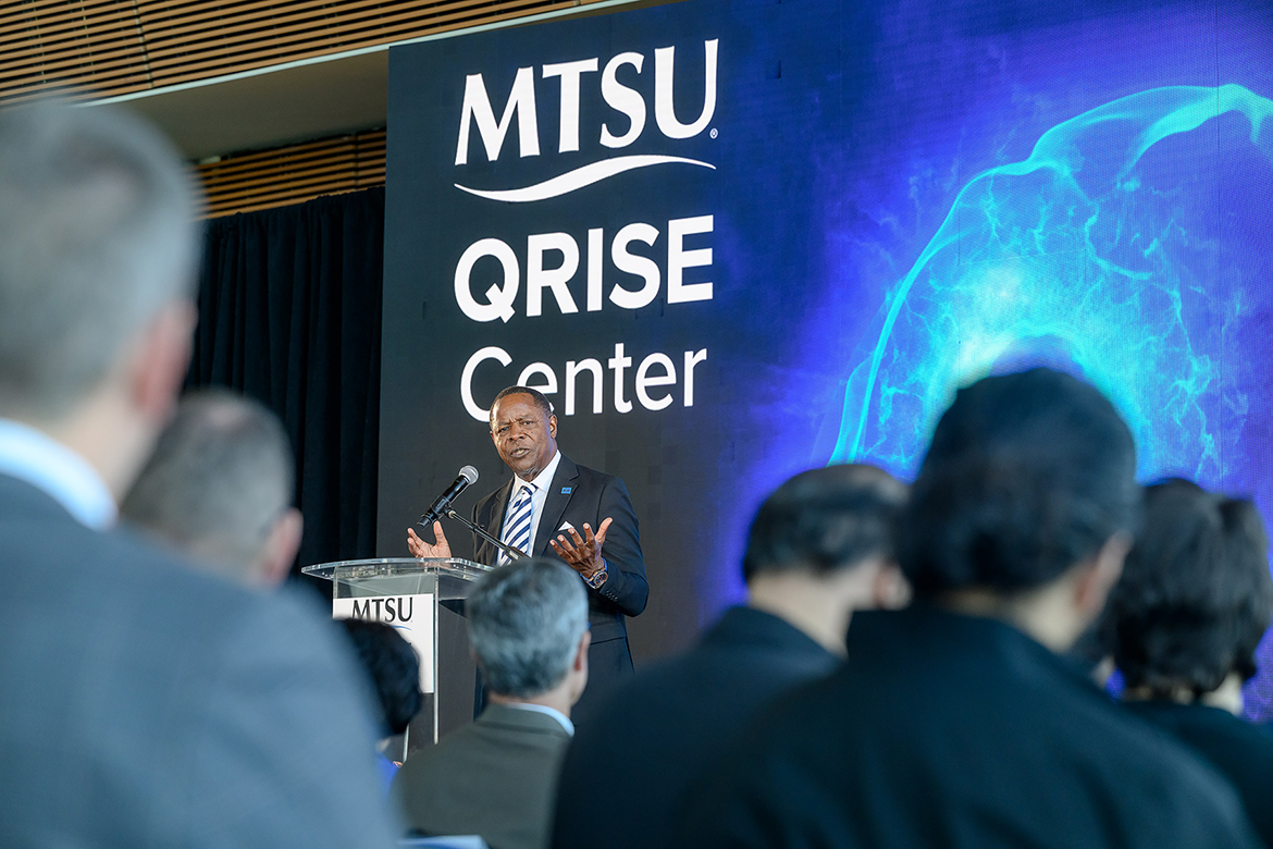 Middle Tennessee State University President Sidney A. McPhee tells the audience attending the announcement of the new MTSU College of Basic and Applied Sciences QRISE Center on Friday, Oct. 31, in the Science Building in Murfreesboro, Tenn., that the center “will drive breakthroughs that will shape the next generation of technology and transform how we understand and harness the quantum world.” (MTSU photo by J. Intintoli)