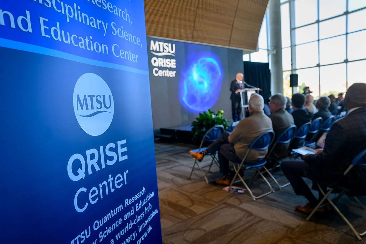 Signage for the new Middle Tennessee State University Quantum Research Interdisciplinary Science and Education Center, also known as QRISE, greets those attending the announcement of the new College of Basic and Applied Sciences center on Friday, Oct. 31, in the MTSU Science Building on campus in Murfreesboro, Tenn. (MTSU photo by J. Intintoli)