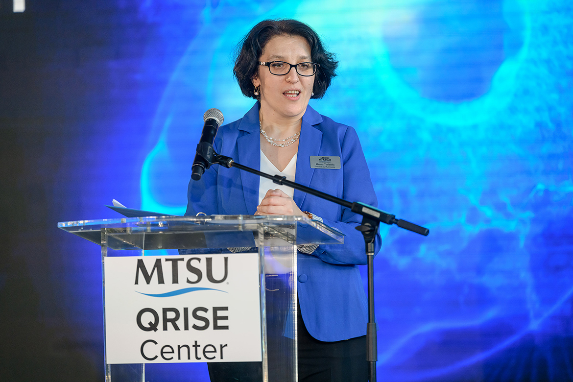 Hanna Terletska, Middle Tennessee State University associate physics professor and founding director for the new QRISE Center in the College of Basic and Applied Sciences, tells the audience attending the Friday, Oct. 31, event in the Science Building on campus in Murfreesboro, Tenn., that the center “reflects MTSU’s strategic vision and leadership with the goal to make Middle Tennessee a central hub for statewide quantum technologies, bringing together academia, Oak Ridge National Lab, industry and government.” (MTSU photo by J. Intintoli)