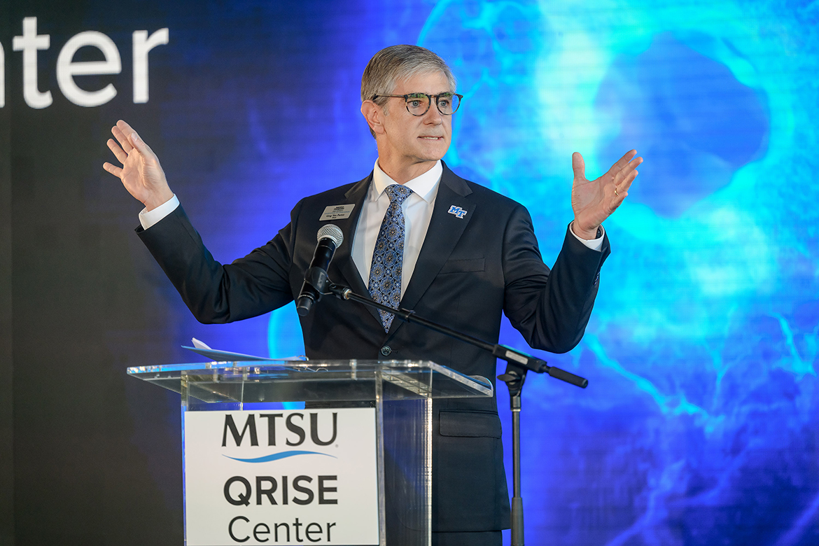 Greg Van Patten, Middle Tennessee State University College of Basic and Applied Sciences dean, thanks university officials, the MTSU Board of Trustees, colleagues and others for the support behind the new QRISE Center to further student education in the world of quantum science during the announcement of the center on Friday, Oct. 31, in the Science Building on campus in Murfreesboro, Tenn. (MTSU photo by J. Intintoli)