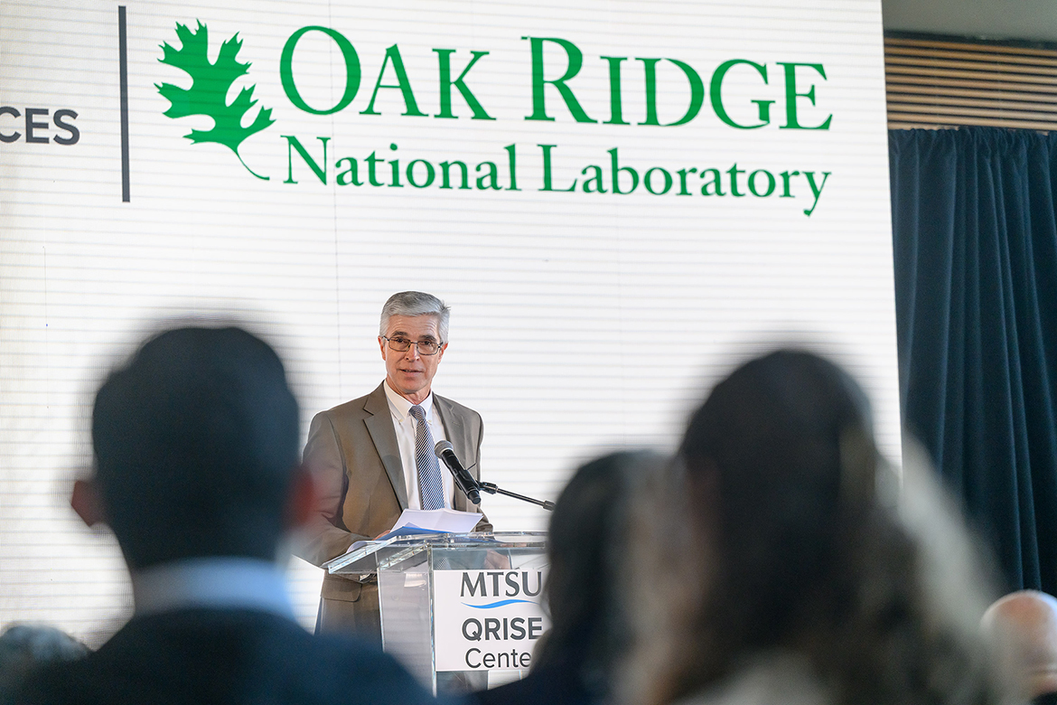 Shaun Gleason, Oak Ridge National Laboratory partnerships director, said the ORNL-Middle Tennessee State University partnership “reflects a shared commitment to developing a bold workforce equipped with critical skills to shape quantum advancements, not only for Tennessee but for the nation” Friday, Oct. 31, during the announcement of the new QRISE Center in the Science Building on the MTSU campus in Murfreesboro, Tenn. (MTSU photo by J. Intintoli)