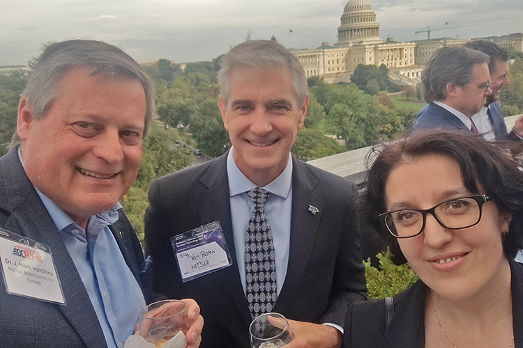 From left, J. Mark Hutchins of Motlow State Community College, Middle Tennessee State University’s Greg Van Patten, dean of Basic and Applied Sciences, and Hanna Terletska, director of MTSU’s Quantum Science Initiative, attend a reception titled “Tennessee: America’s Next Quantum Technology Hub,” held in mid-September in Washington, D.C. Also attending from Tennessee’s Congressional delegation were Congressman Chuck Fleischmann and U.S. Sens. Marsha Blackburn and Bill Hagerty. (Submitted photo)