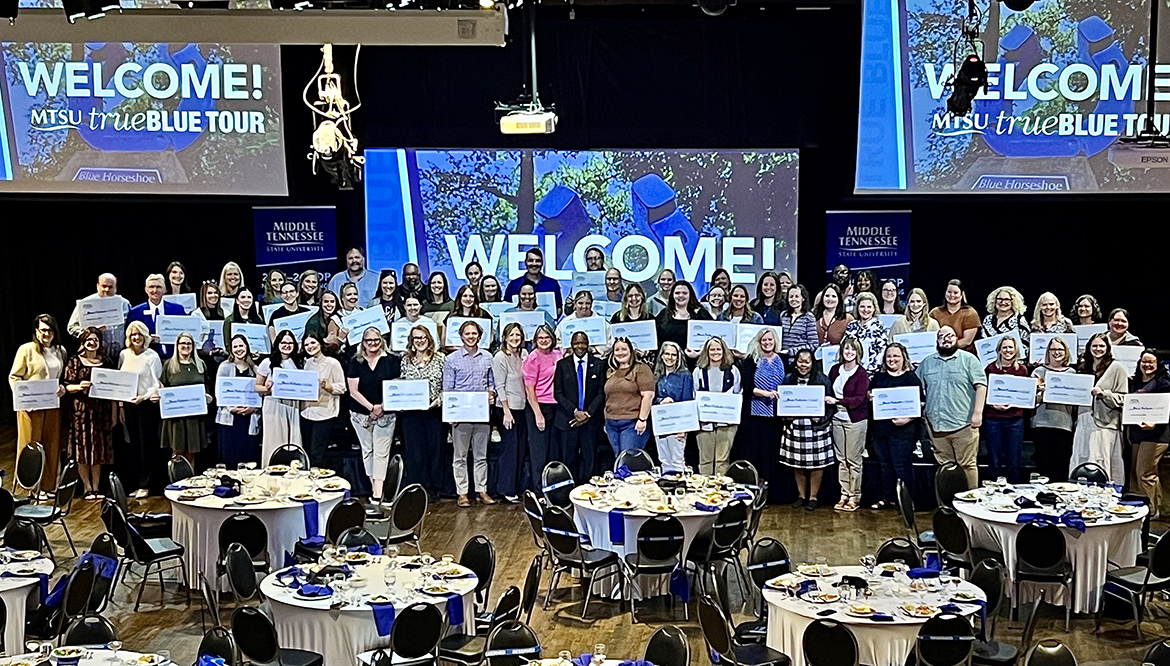 A Middle Tennessee State University True Blue Tour record 60 schools — four community colleges and 56 high school counselors — left the Thursday, Oct. 16, Knoxville, Tenn., luncheon event at Bridgewater Place with $2,500 in scholarships to award to their students. For sending the most students to MTSU, Pellissippi State Community College and Farragut High School received $5,000 scholarships for students. In all, MTSU awarded $152,500 to counselors. (MTSU photo by Andrew Oppman)