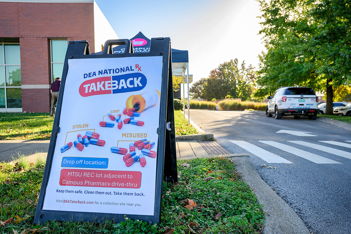 This sign welcomes visitors to the fall drug and vape take-back event at Middle Tennessee State University in Murfreesboro, Tenn., on Wednesday, Oct. 22, near the pharmacy drive-thru adjacent to Campus Recreation Center. The event is part of a national drive held twice each year and is an ongoing partnership between University Police and Campus Pharmacy. (MTSU photo by Andy Heidt)