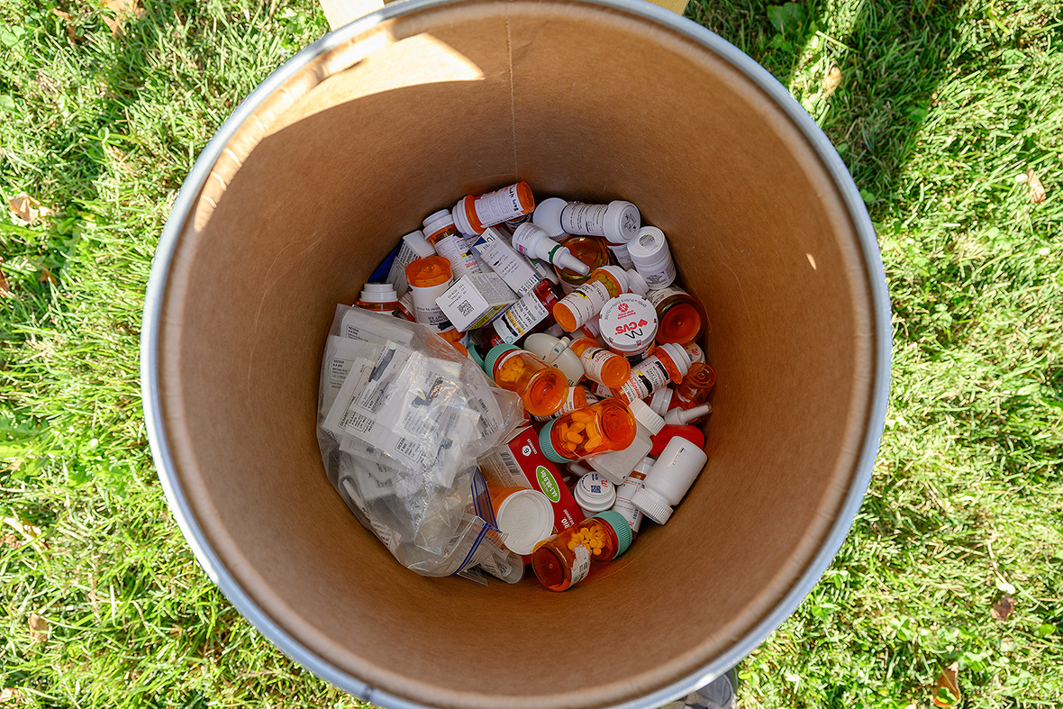 A bin nearly full of old and unused medications collected Wednesday, Oct. 22, during the fall drug and vape take-back day on the Middle Tennessee State University campus in Murfreesboro, Tenn., is a partnership between Campus Pharmacy and Campus Police. The drive netted nearly 46 pounds of old and unused medications, vapes and controlled substances. (MTSU photo by Andy Heidt)