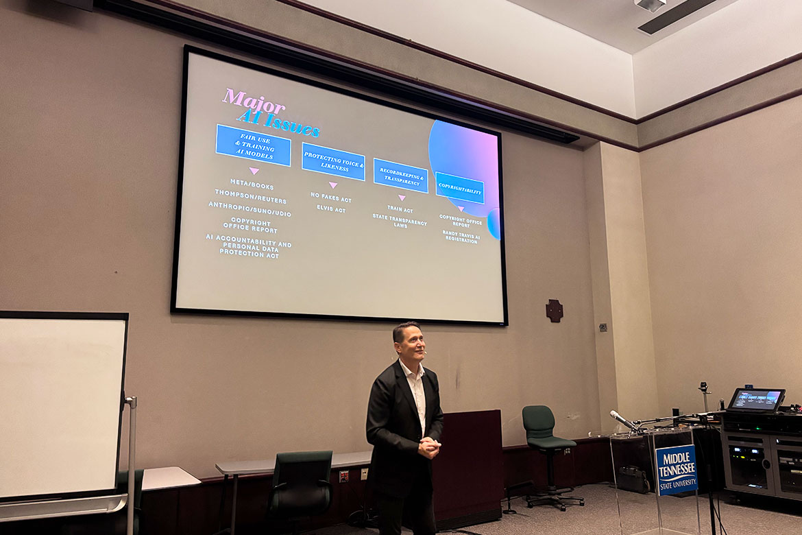 Mitch Glazier, chairman and CEO of the Recording Industry Association of America, talks about the impact of artificial intelligence on the music industry and what it means for the next generation of creators during his presentation to students inside the Business and Aerospace Building’s State Farm Room at Middle Tennessee University in Murfreesboro, Tenn., on Tuesday, Oct. 7, 2025. (MTSU photo by Stacey Tadlock) 
