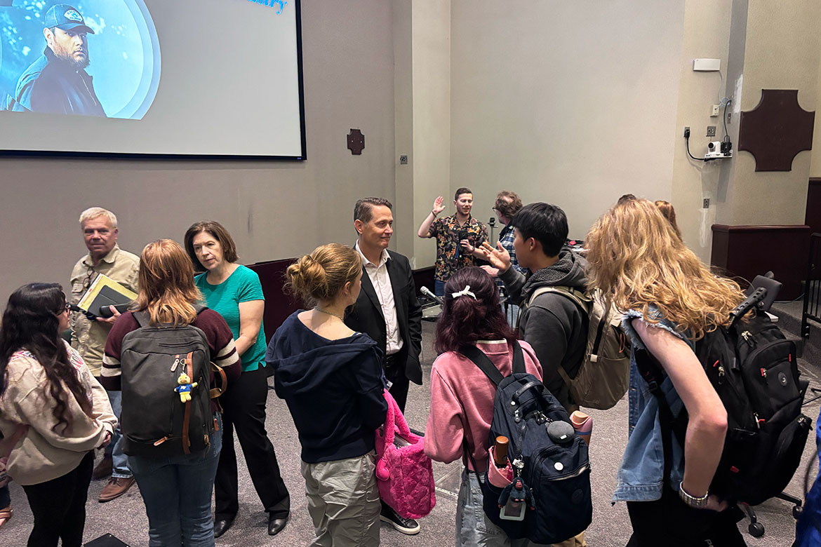 Mitch Glazier, chairman and CEO of the Recording Industry Association of America, speaks to Middle Tennessee State University students inside the Business and Aerospace Building’s State Farm Room on Tuesday, Oct. 7, 2025, following his talk and Q&A on how artificial intelligence is reshaping the music industry and what it means for the next generation of creators. (MTSU photo by Stacey Tadlock)