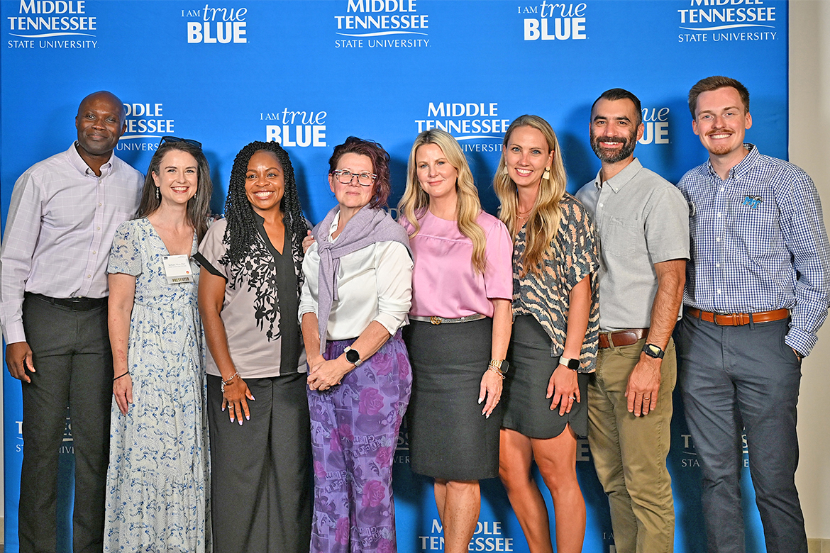 Public Health Program faculty from Middle Tennessee State University in Murfreesboro, Tenn., gather at the annual PHamily Dinner Reception held at MTSU’s Miller Education Center on Wednesday, Sept. 17. Pictured, from left, are Andrew Owusu, Bethany Wrye, Chandra Story, Angie Bowman, Shannon Josey, Katy Stone, Kahler Stone and Chipper Smith. (Submitted photo)
