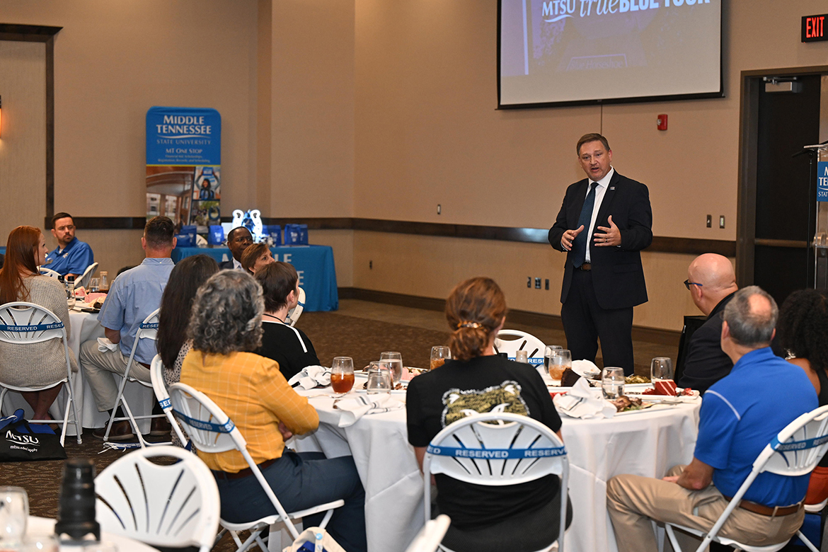 Middle Tennessee State University alumnus Jason Lawson, district attorney general for Tennessee’s 15th District, spoke to school counselors and college advisors at a luncheon held at the university’s True Blue Tour student recruitment stop on Tuesday, Sept. 23, at the Farm Bureau Exposition Center in Lebanon, Tenn. (MTSU photo by James Cessna)