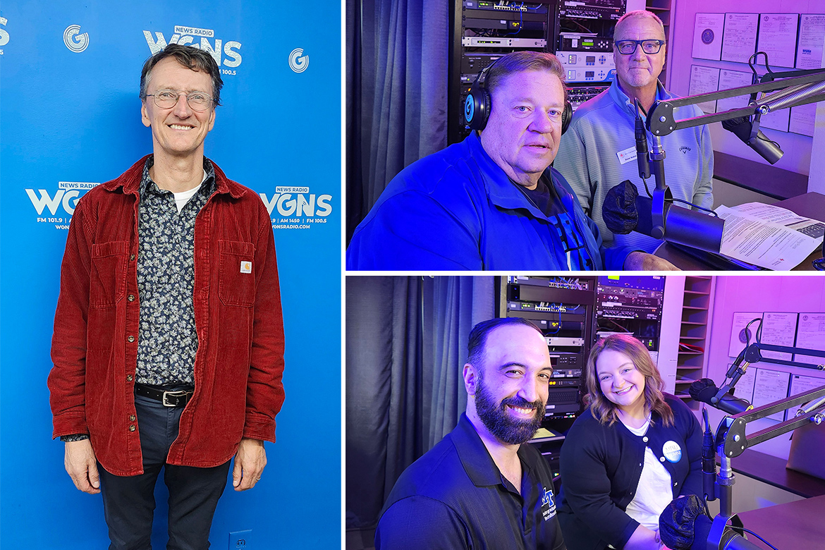 Middle Tennessee State University representatives appear on the Oct. 20 “Action Line” program on WGNS-FM Radio. Pictured at the station’s studio in downtown Murfreesboro, Tenn., are, at left, Jamey Simmons, director of Jazz Studies in the MTSU School of Music; top right, from left, are John Mitchell, executive director, Heart of Tennessee Chapter of the American Red Cross, and Gene Baker, senior account manager of Donor Services for the American Red Cross of Tennessee; and bottom right, from left, John Davis, assistant director of Undergraduate Transfer Admissions, and Molly Mihm, coordinator of Tours and Events. (MTSU photo illustration by Jimmy Hart)