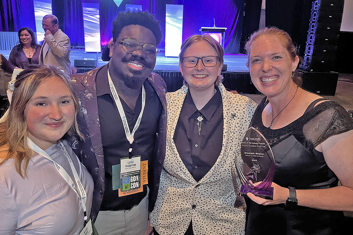 Elizabeth Whalen, director of the Tourism and Hospitality Management program at Middle Tennessee State University in Murfreesboro, Tenn., far right, holds her Industry Educator of the Year Award presented to her by the Tennessee Hospitality Tourism Association during the annual Stars of the Industry Awards held in September at the Governor’s Conference on Hospitality and Tourism in Kingsport, Tenn. She is joined by MTSU tourism and hospitality management students, from left, Alexa Morse, LeTre Thompson and Tessa Wallace, at the conference. (Submitted photo)