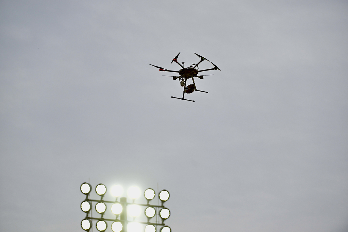 The Middle Tennessee State University Department of Aerospace’s Unmanned Aircraft Systems drone delivers the game ball to midfield in Floyd Stadium during the 42nd annual Salute to Veterans and Armed Forces pregame activities in November 2024. The aerospace UAS program is again scheduled to deliver the ball before kickoff for the MTSU Blue Raiders at 2 p.m. Saturday, Nov. 8, game against Florida International University in Murfreesboro, Tenn. (MTSU file photo by Andy Heidt)