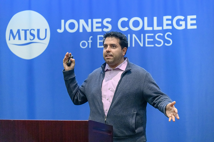 Alessandro Cannas, a product marketing manager for AI tool Google Gemini, talks about the tool’s features during a guest lecture on Oct. 27 in the State Farm Room inside the Business and Aerospace Building on the campus of Middle Tennessee State University in Murfreesboro, Tenn. (MTSU photo by J. Intintoli)