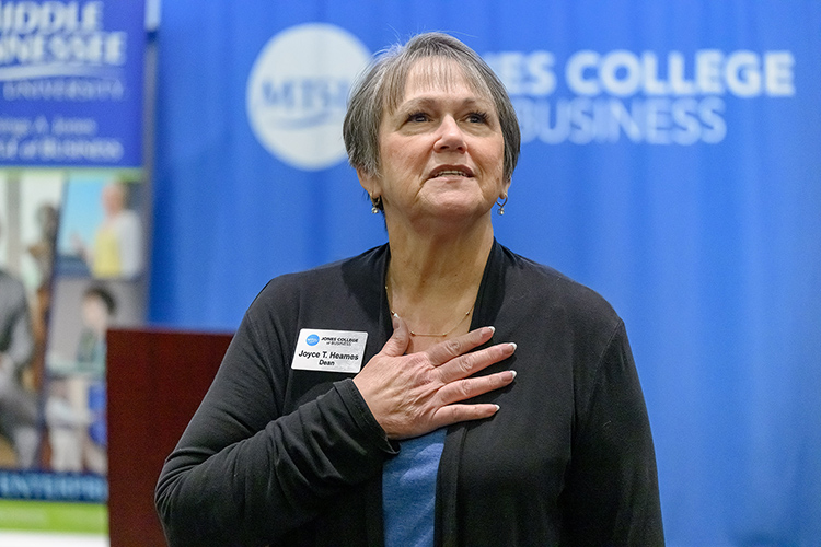 Joyce Heames, dean of the Jones College of Business at Middle Tennessee State University in Murfreesboro, Tenn., urges students to embrace artificial intelligence tools before a guest lecture featuring a manager from Google Gemini on Oct. 27 in the State Farm Room inside the Business and Aerospace Building on campus. (MTSU photo by J. Intintoli)