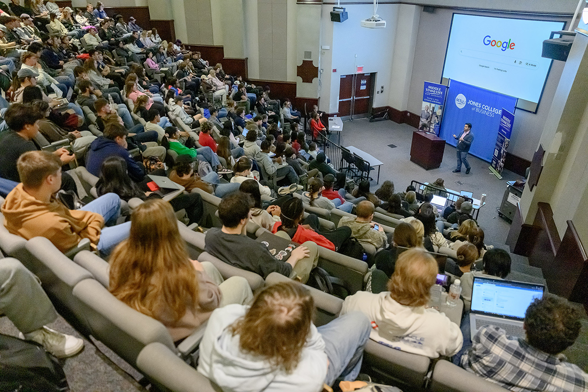 Alessandro Cannas, a product marketing manager for AI tool Google Gemini, speaks to hundreds of Middle Tennessee State University marketing students about the evolution of AI tools and features during his guest lecture on Oct. 27 in the State Farm Room inside the Business and Aerospace Building on the MTSU campus in Murfreesboro, Tenn. (MTSU photo by J. Intintoli)