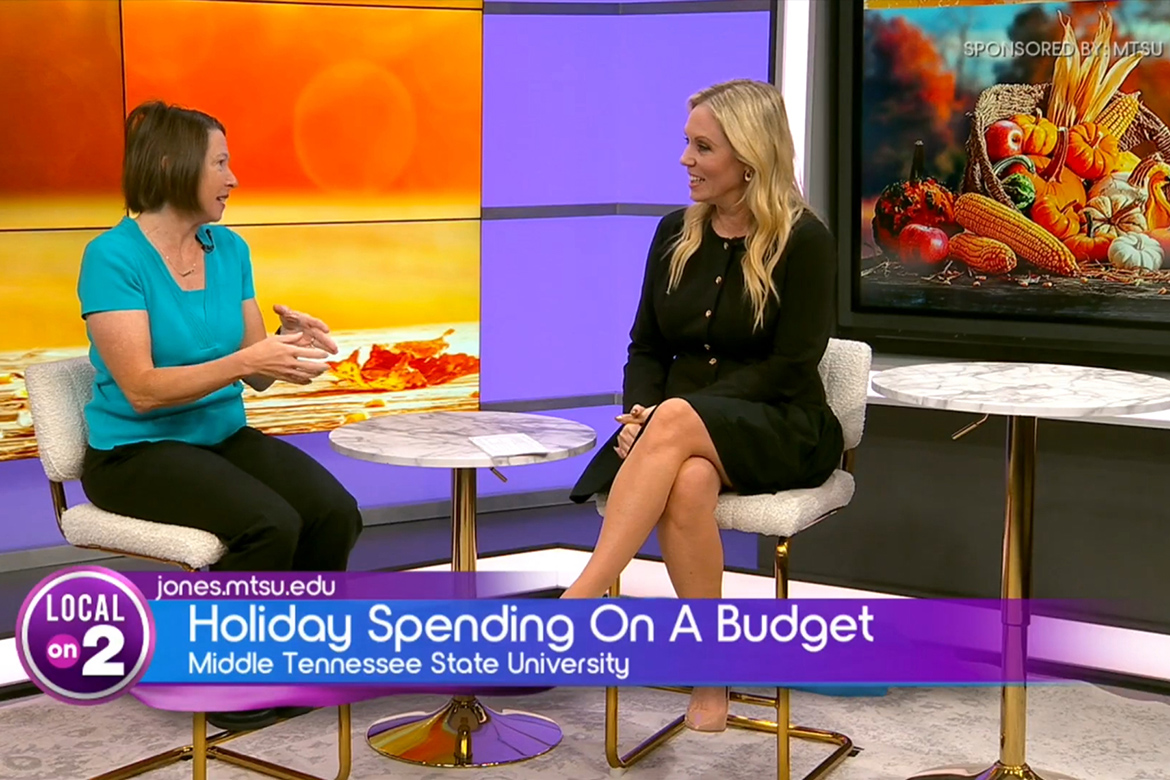 Melissa Cohen, left, a lecturer in the Department of Economics and Finance in the Jones College of Business at Middle Tennessee State University, appeared on the “MTSU on 2” segment Friday, Nov. 21, from the studios of WKRN-TV News 2, the ABC affiliate in Nashville, to offer tips on not going over budget this holiday season and even ways to save money. Pictured at right is program host Stephanie Langston. (YouTube screenshot from program)