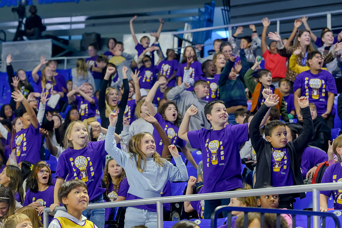Students from Overall Creek Elementary cheer on the Middle Tennessee State University Lady Raiders on Monday, Nov. 3, during the Murfreesboro City Schools’ annual Education Day game in Murphy Center on the MTSU campus in Murfreesboro, Tenn. (MTSU photo by Andy Heidt)