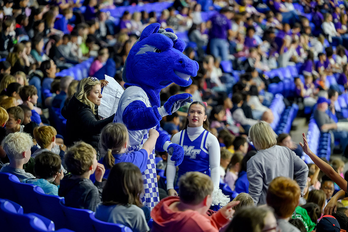 Blue Raider mascot Lightning gets students from Murfreesboro City Schools fired up during the annual Education Day game held Monday, Nov. 3, in Murphy Center on the Middle Tennessee State University campus in Murfreesboro, Tenn. (MTSU photo by Andy Heidt)
