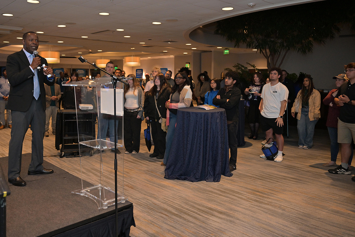 Middle Tennessee State University President Sidney A. McPhee addresses the audience at Gaylord Springs Golf Links in Nashville, Tenn., on Tuesday, Oct. 28, acknowledging the “tremendous value” a degree from MTSU offers. (MTSU photo by James Cessna)