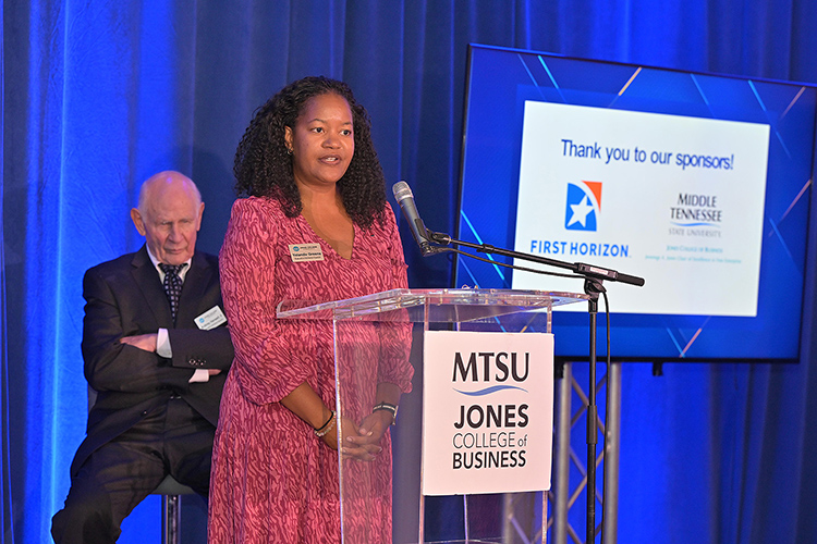 Yolanda Greene, Rutherford County community bank president for event sponsor First Horizon, congratulates recipients of the 2025 Leadership Awards presented by the Jones College of Business at Middle Tennessee State University during a special ceremony held Oct. 14 at Stones River Country Club in Murfreesboro, Tenn. In the background is Aubrey Harwell Jr., holder of the Chair of Excellence in Free Enterprise within Jones College, which co-sponsored. (MTSU photo by James Cessna)