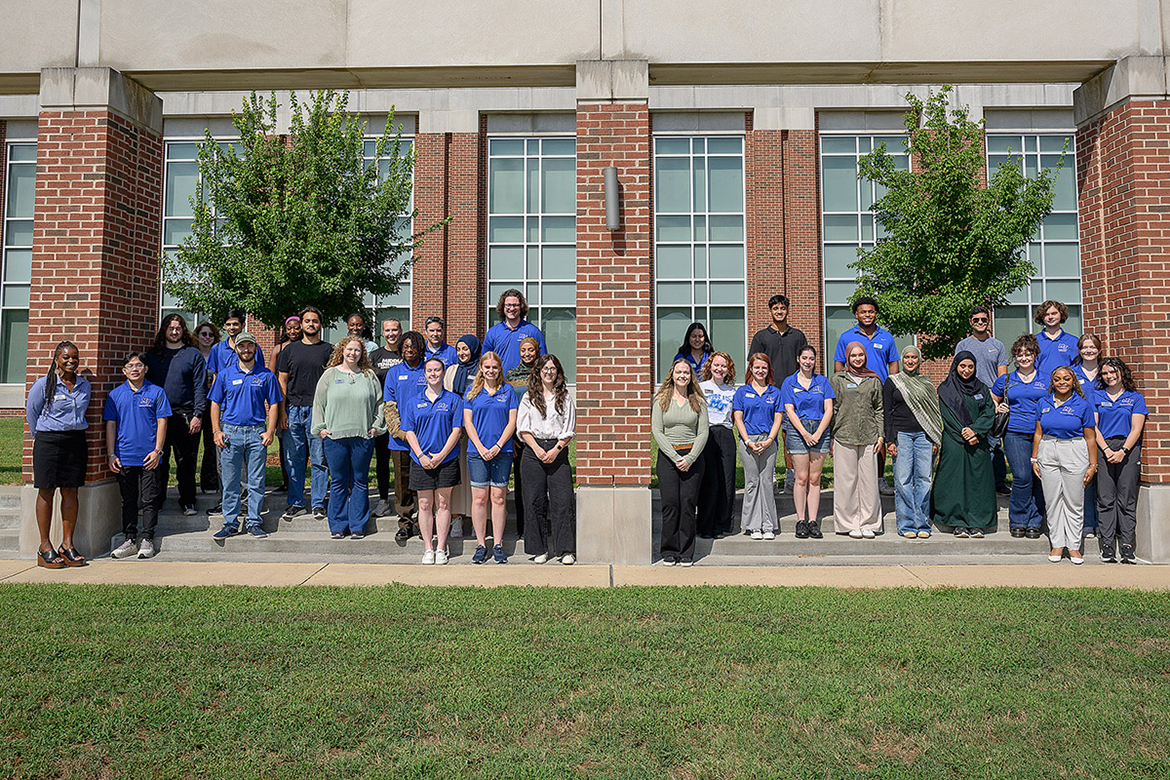 Members of Middle Tennessee State University’s Learning Assistant program pose for a photo during an annual training event outside of the MTSU Academic Classroom Building in August 2025 in Murfreesboro, Tenn. (MTSU archive photo by Andy Heidt)