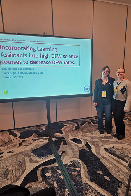 Middle Tennessee State University professors Katy Hosbein, left, and Liz Barnes present their work on the university’s peer-support Learning Assistant program at the Tennessee Board of Regents Degrees of Success conference on Oct. 29, 2025, in Nashville, Tenn. (Photo courtesy of Katy Hosbein)