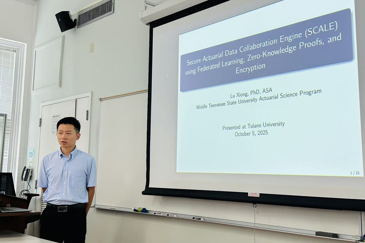 Lu Xiong, Middle Tennessee State University Department of Mathematical Sciences associate professor, presents his actuarial science research during a major conference at Tulane University in New Orleans, La., on Oct. 5. Xiong has been awarded a nearly $18,000 grant from the Casualty Actuarial Society to conduct a five-year study in actuary and the insurance industry. (Submitted photo)