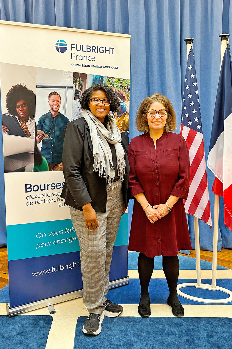 Leah Tolbert Lyons, dean of the College of Liberal Arts at Middle Tennessee State University in Murfreesboro, Tenn., left, stands with Martine Roussel, executive director of the Franco-American Fulbright Commission, at the Franco-American Fulbright Commission office in Paris, France, on Oct. 13, 2025. Lyons was one of 14 higher education professionals selected to participate in the Fulbright France program, where she met with university leaders, faculty, students, and government officials to study higher education systems and expand global cooperation. (Submitted photo)