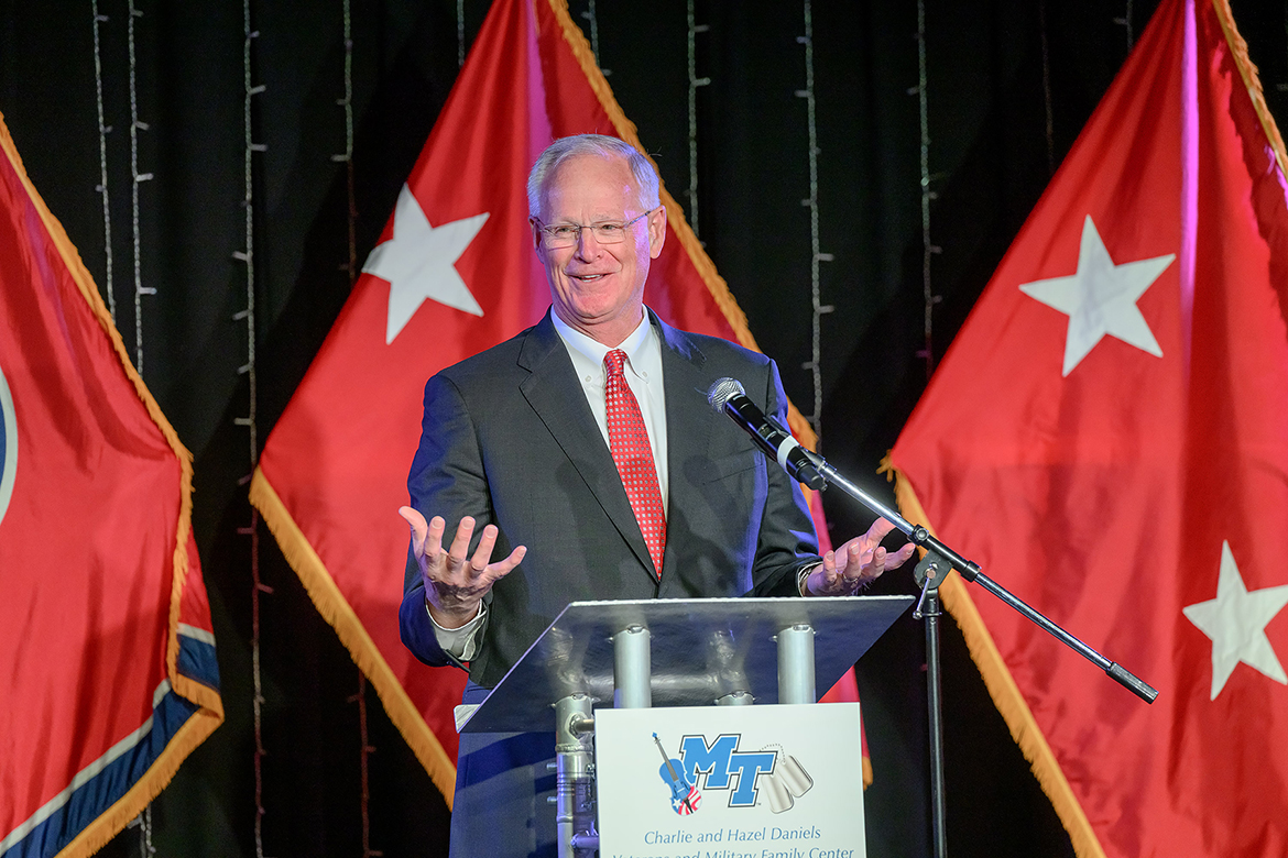 Doug Kreulen, president and CEO of the Metropolitan Nashville Airport Authority and U.S. Air Force veteran, tells the audience attending the Monday, Nov. 3, Middle Tennessee State University Charlie and Hazel Daniels Veterans and Military Family Center’s 10th anniversary event in the Keathley University Center Theater in Murfreesboro, Tenn., how extremely proud he is of what the Daniels Center provides for all of us. (MTSU photo by J. Intintoli)