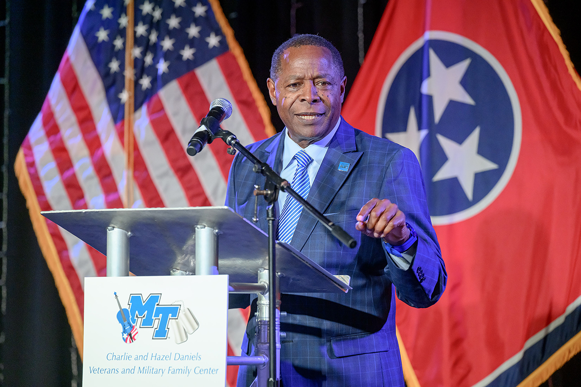 Middle Tennessee State University’s Charlie and Hazel Daniels Veterans and Military Family Center celebrating its 10th anniversary in providing a decade of service to thousands of student veterans and others since 2015 in the Keathley University Center Theater. Leading the program Keith M. Huber, senior adviser for veterans and leadership initiatives. Speakers include MTSU President Sidney A. McPhee, Tennessee Department of Veterans Services Commissioner Tommy Baker and Doug Kreulen, president and CEO of the Metropolitan Nashville Airport Authority.