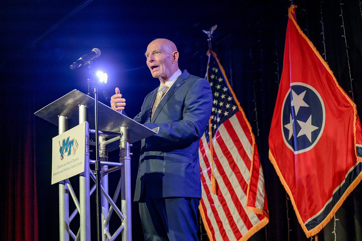 Keith M. Huber, senior adviser for veterans and leadership initiatives at Middle Tennessee State University in Murfreesboro, Tenn., tells those attending the 10th anniversary of the Charlie and Hazel Daniels Veterans and Military Family Center’s 10th anniversary ceremony in the Keathley University Center in Murfreesboro, Tenn., on Monday, Nov. 3, that the level of collaboration — federal, state and community — has helped the center assist thousands of student veterans and family members. (MTSU photo by J. Intintoli)
