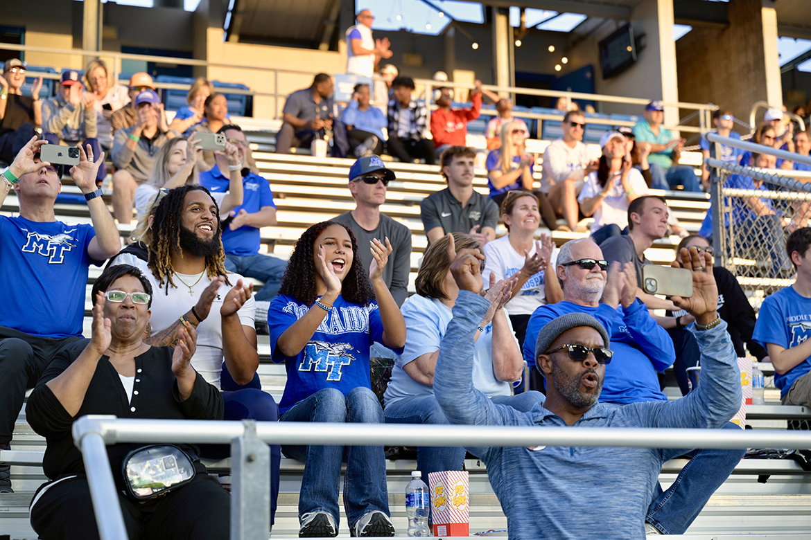 Blue Raider fans cheer on their team during the Middle Tennessee State University Conference USA game against visiting Florida International University on Saturday, Nov. 8, in Floyd Stadium in Murfreesboro, Tenn. (MTSU photo by Cat Curtis Murphy)