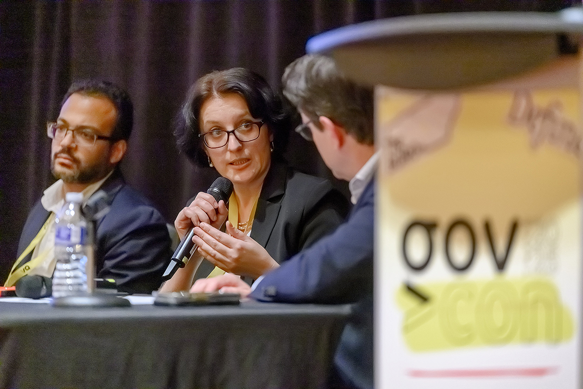 Hanna Terletska, center, director of the Quantum Research Interdisciplinary Science and Education Center at Middle Tennessee State University, answers a question regarding challenges she’s facing with quantum and workforce development posed by panel moderator Nathan Buttrey with the Tennessee Department of Economic and Community Development’s Office of Innovation, on Nov. 4 during the “Research in Action: Partnering with Industry for Economic Growth” panel discussion at the annual Governor’s 2025 Conference at the Embassy Suites by Hilton in Murfreesboro, Tenn. Muhammad Ismail, left, director of the Cybersecurity Education, Research and Outreach Center at Tennessee Tech University, listens to her response. (MTSU photo by Andy Heidt)