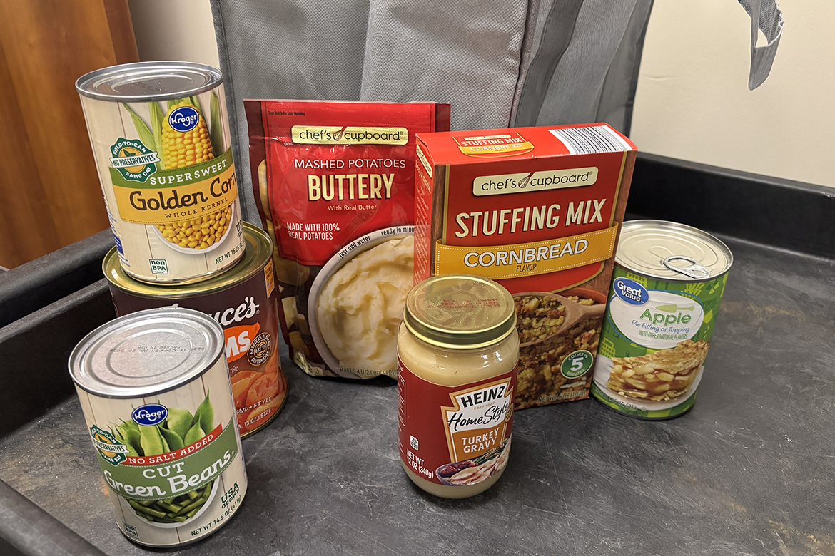 These collected nonperishable items await bagging inside the Student Union at Middle Tennessee State University in Murfreesboro, Tenn., as part of the recent Thankful Thursday food drive this fall semester. The Center for Student Involvement and Leadership, the First-Year and Nontraditional Student Engagement and MTSU Food Pantry teamed up to host the annual event that collected Thanksgiving meal bags, which included stuffing, mashed potatoes, canned sweet potatoes, gravy, condensed soup for casseroles, canned green beans and corn, boxed/powdered milk, cranberry sauce, pie filling and can openers. A total of 109 Thanksgiving meal bags were filled, along with boxes of extras that will be donated to the MTSU Food Pantry. (MTSU photo by Nancy DeGennaro)