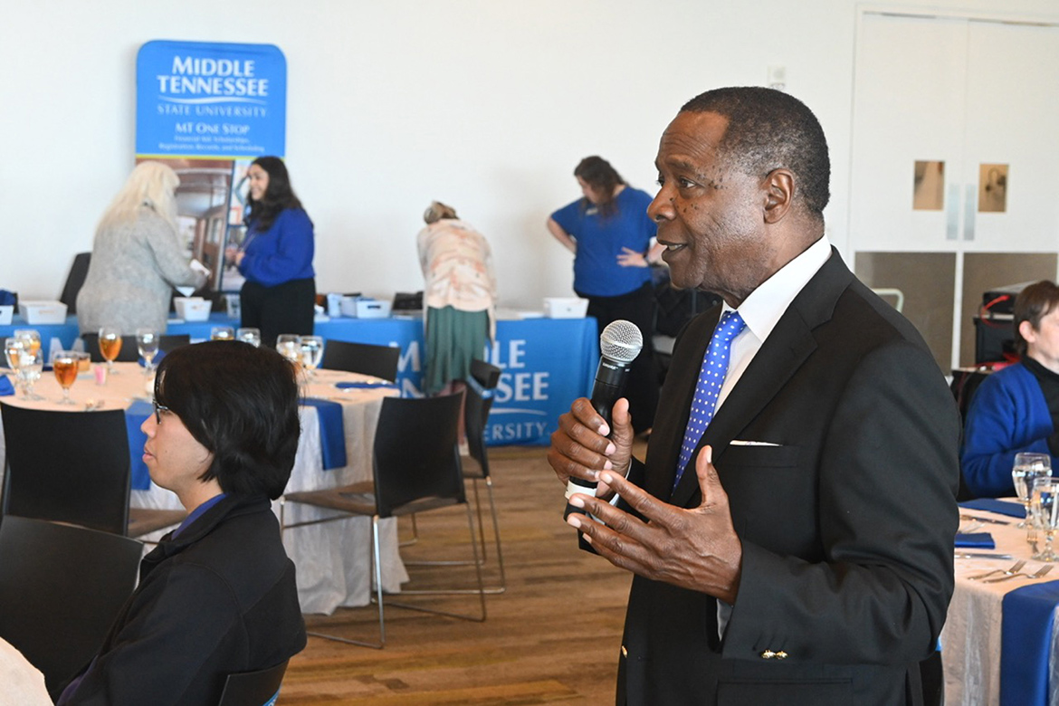 Middle Tennessee State University President Sidney A. McPhee addresses high school guidance counselors and community college representatives during the university’s True Blue Tour luncheon on Nov. 4 at the FedEx Event Center at Shelby Farms in Memphis, Tenn. (MTSU photo by Jimmy Hart)