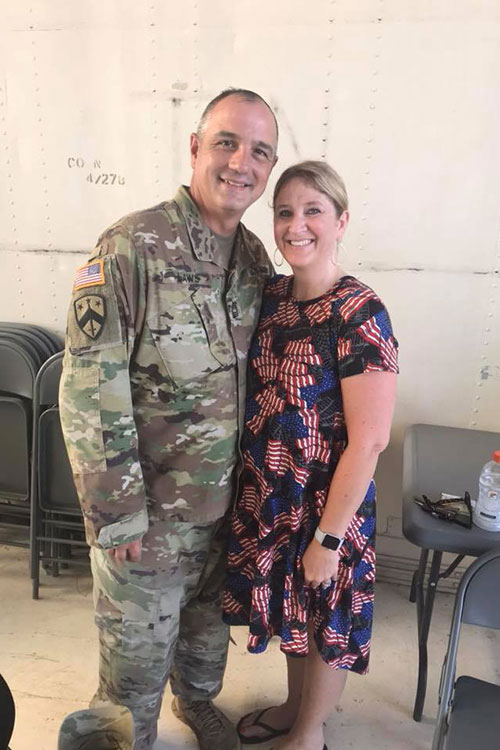 Middle Tennessee State University nontraditional student Stan Laws is shown in this undated photo with his wife, Jen, ahead of a deployment to Ukraine. Laws served 25 years with the Tennessee National Guard before retiring and beginning his bachelor’s degree at the Murfreesboro, Tenn., university. (Submitted photo)