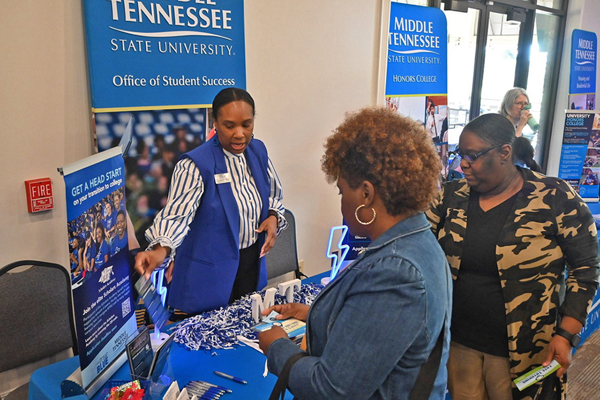 Michelle Arnold, associate vice provost of student success at Middle Tennessee State University in Murfreesboro, Tenn., shares information with counselors attending the university’s high school guidance counselors and community college luncheon as part of the university’s True Blue Tour stop on Nov. 5 at the Jackson Country Club in Jackson, Tenn. (MTSU photo by Jimmy Hart)
