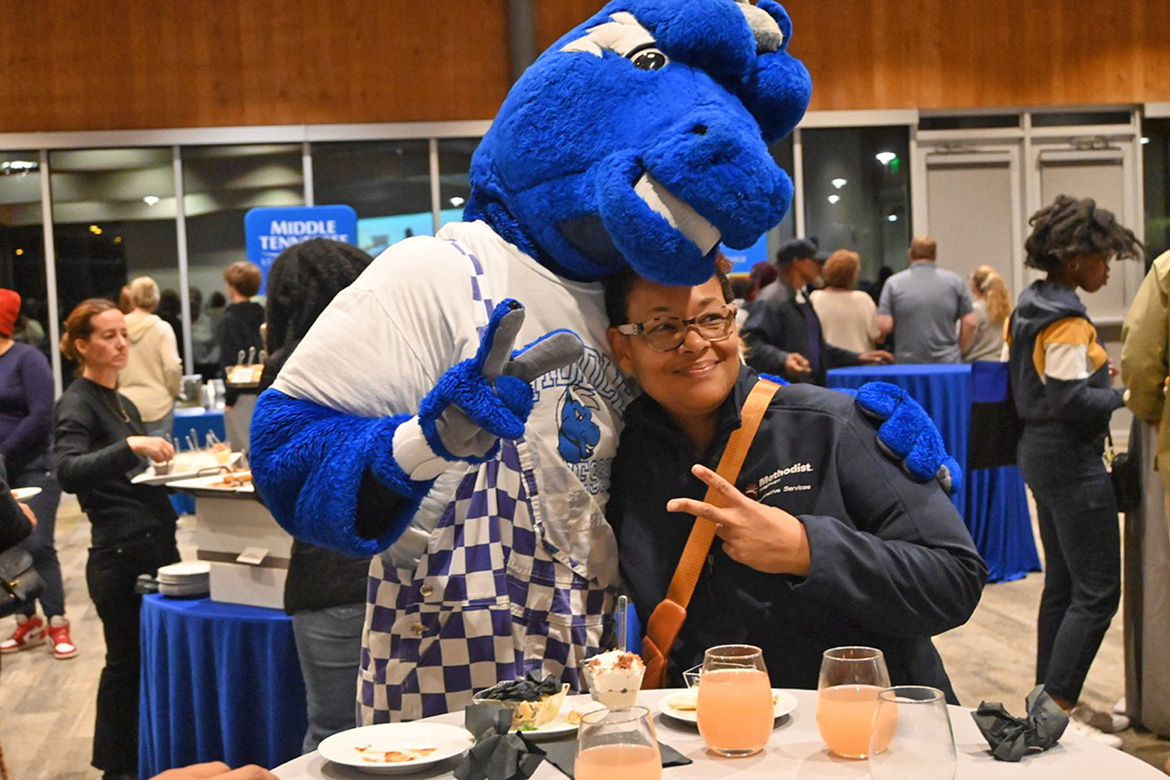 Middle Tennessee State University mascot Lightning makes the rounds among the hundreds of attendees at MTSU’s True Blue Tour stop on Nov. 4 at the FedEx Event Center at Shelby Farms in Memphis, Tenn. (MTSU photo by Jimmy Hart)